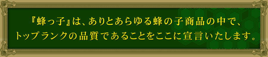 宣言 『蜂っ子』は、この世に存在するありとあらゆる蜂の子商品の中で、トップランクの品質であることをここに宣言いたします。